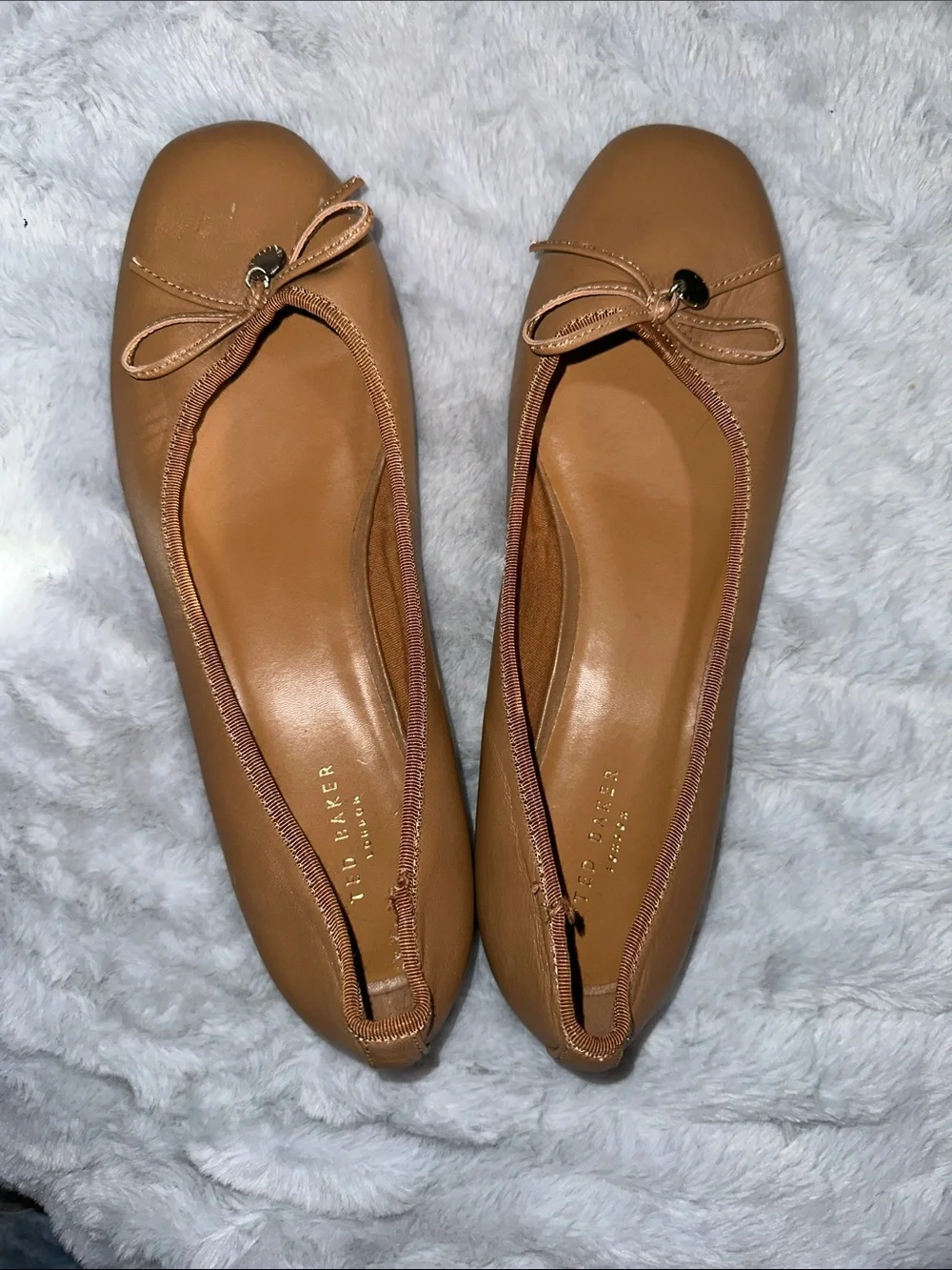 Ted Baker Tan Bow-Trim Leather Ballet Flats
